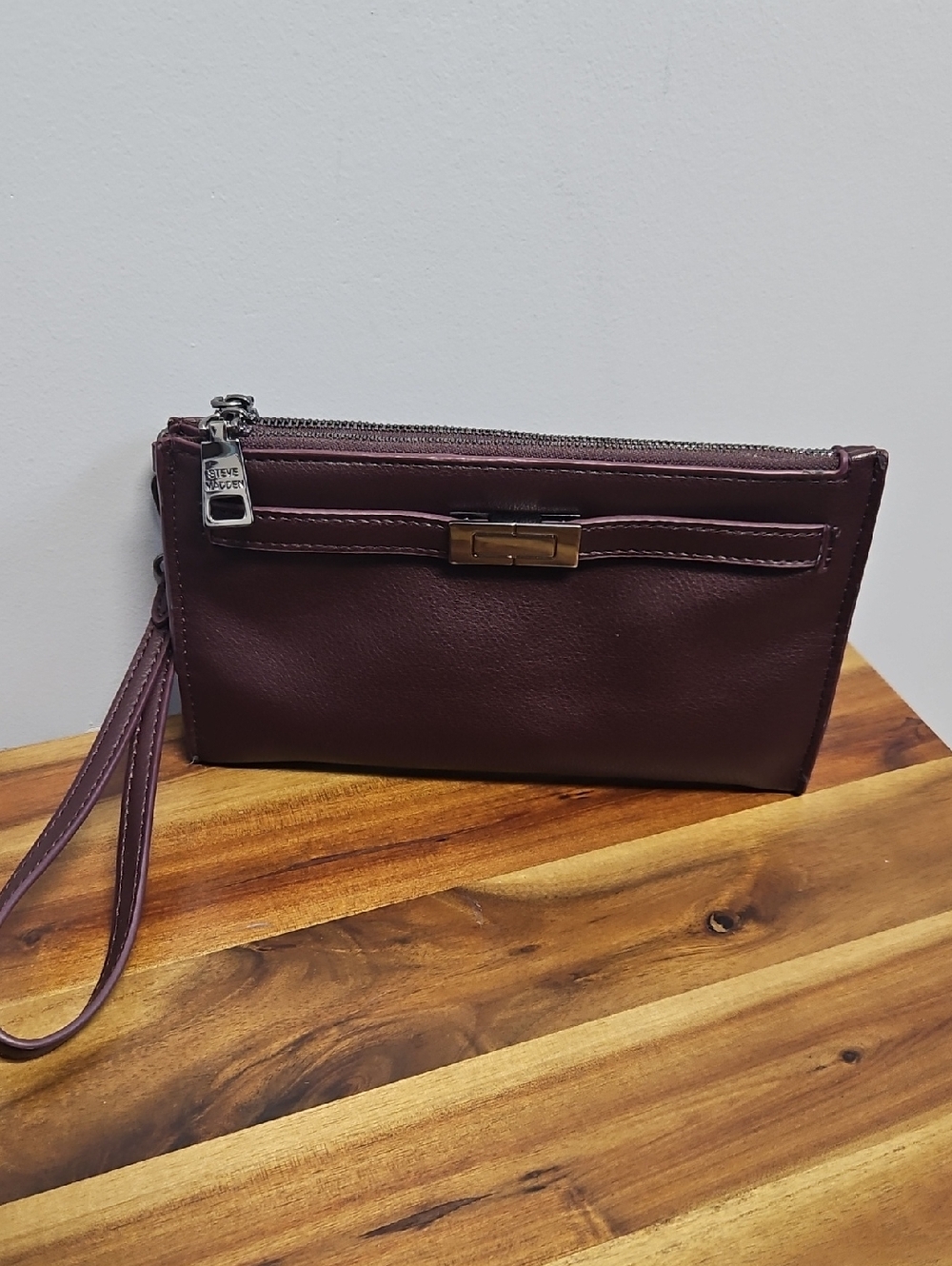 Steve Madden Burgundy Wristlet Clutch with Gold Accents